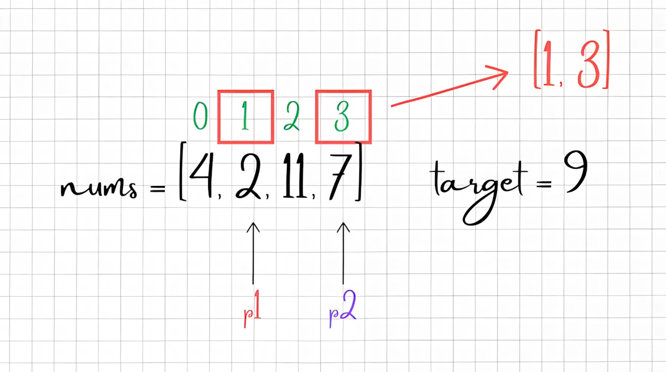 在数组 nums = [4, 2, 11, 7] 中，目标值为 9。指针 $p1$ 和 $p2$ 分别定位到数字 2（下标 1）和 7（下标 3），因 $2 + 7 = 9$，故最终返回下标组合 [1, 3]